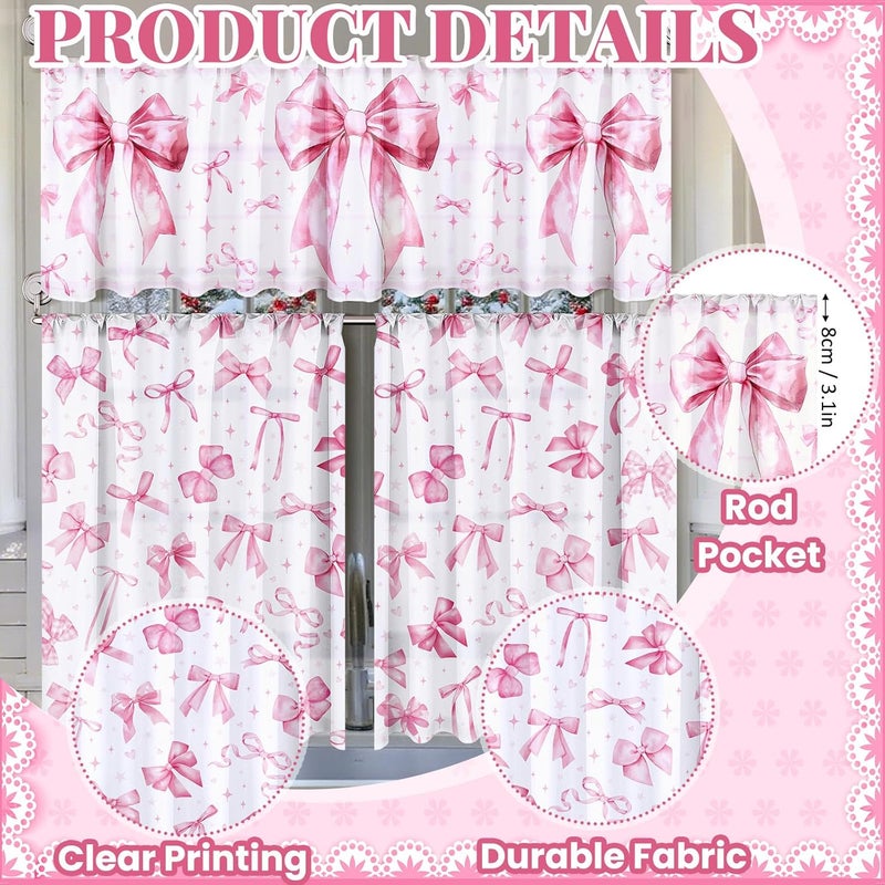 Breling 3 Pcs Pink Bow Kitchen Curtains Valances and Tiers Set for Windows Pink Bow Knot Coquette Decor Short Curtain Set for Bedroom Window Treatment Decor Wedding Party Favor Supplies - Image 4